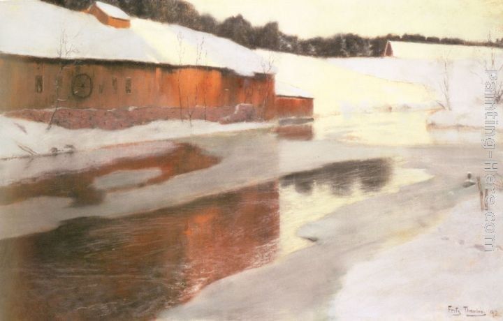 Fritz Thaulow A Factory Building near an Icy River in Winter
